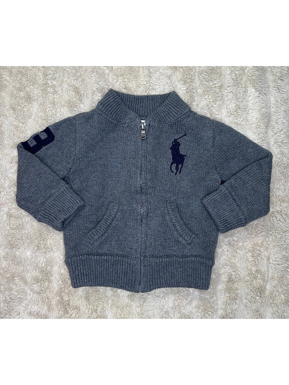 Ralph Lauren Big Pony grey full zip knit cardigan sweater 12M preppy old money